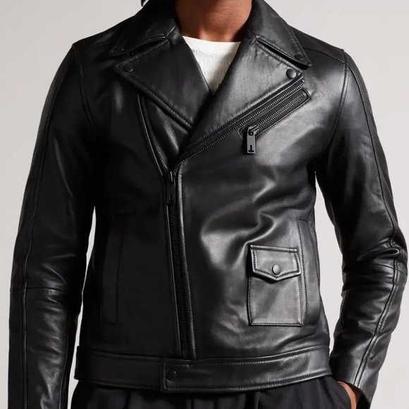 Brand NWT - Ted Baker Carve - Black Leather Biker Jacket - Size 4 (USA size L) - Picture 2 of 15